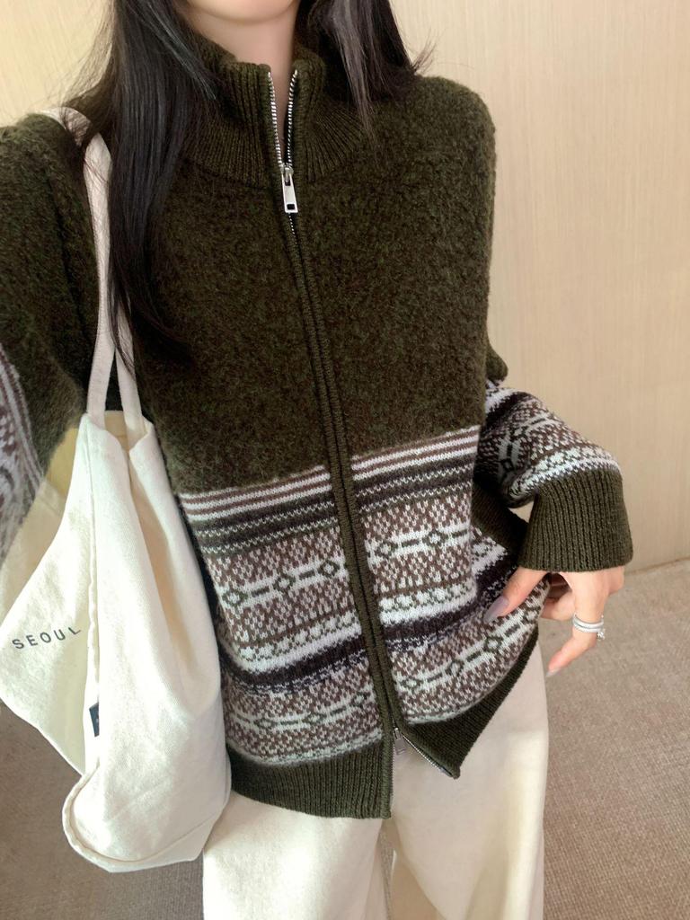 Women's Lambswool Jacquard Knit Cardigan – Heavyweight Stand Collar Winter Sweater Coat