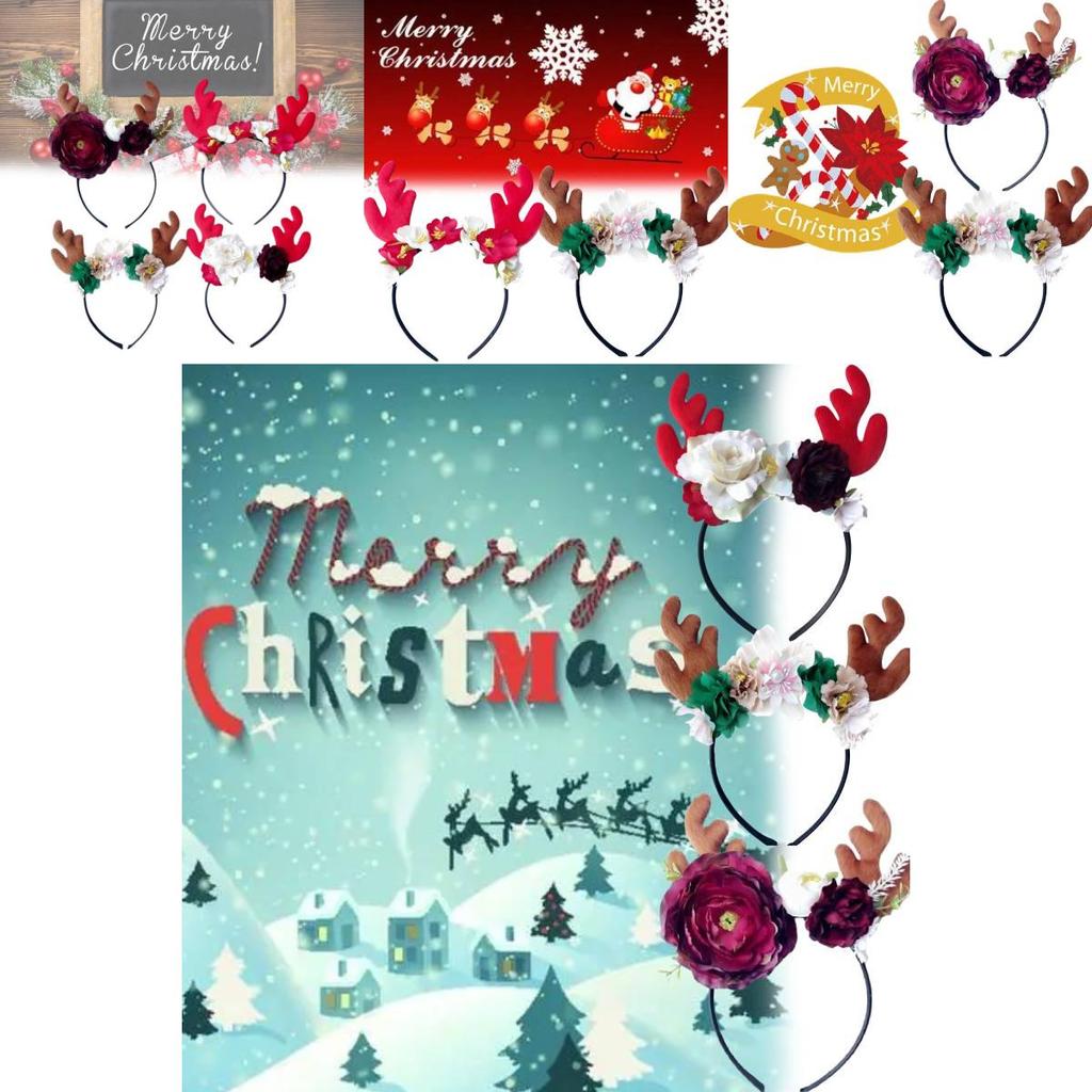 Festive Red Velvet Reindeer Antlers Headband With Floral Design For Girls