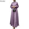 ZANZEA Women Casual Round Neck Long Sleeve Loose Patchwork Mesh Long Dress
