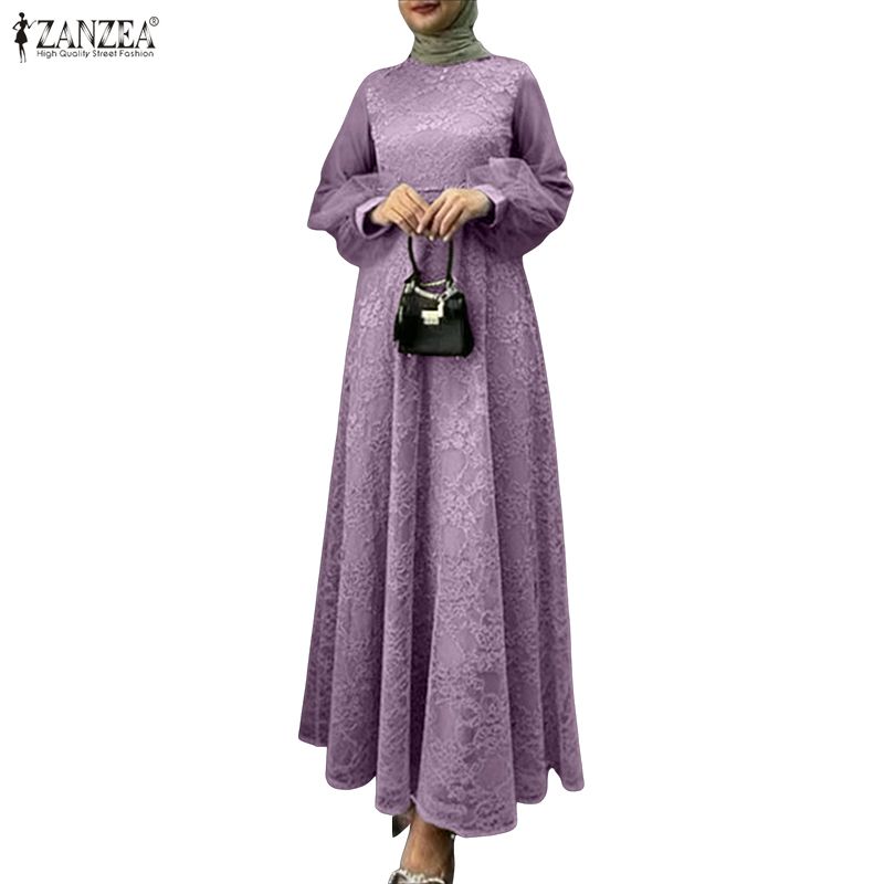 ZANZEA Women Casual Round Neck Long Sleeve Loose Patchwork Mesh Long Dress