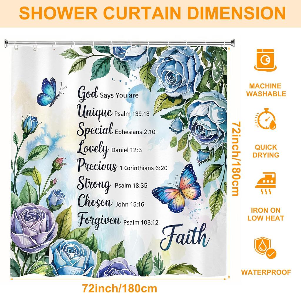 Bible Verse Inspirational Quote Shower Curtain,Blue Floral Christian Bathroom Shower Curtains Bathtub Home Decor Waterproof Fabr