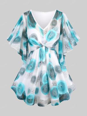 Rosegal  Plus Size Jellyfish Print Lace Trim Ruched Twist Butterfly Sleeve Top