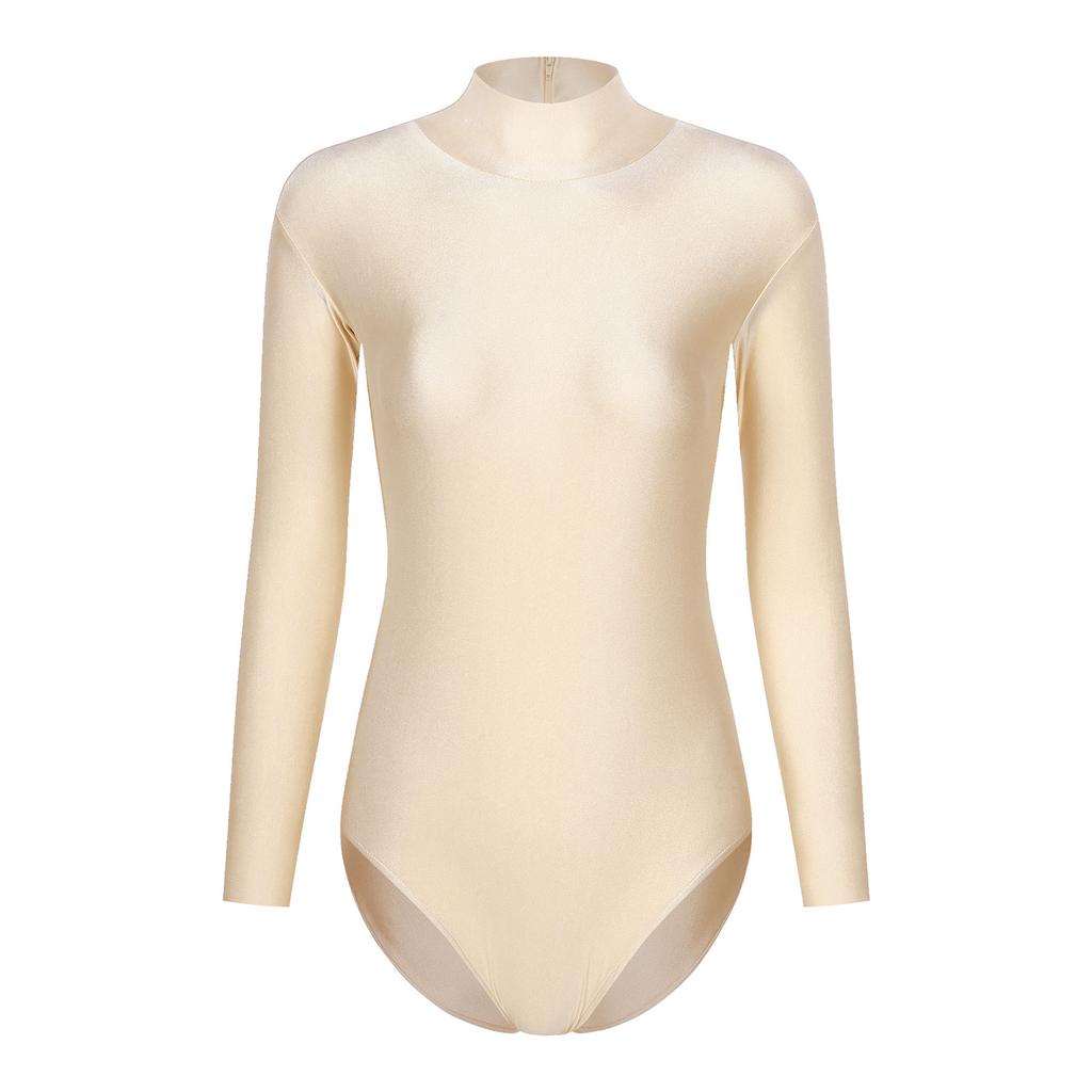 Womens Mock Neck Bodysuit Long Sleeve Leotard Solid Color Zipper Back Stretchy Gymnastics Dance Practice Wear