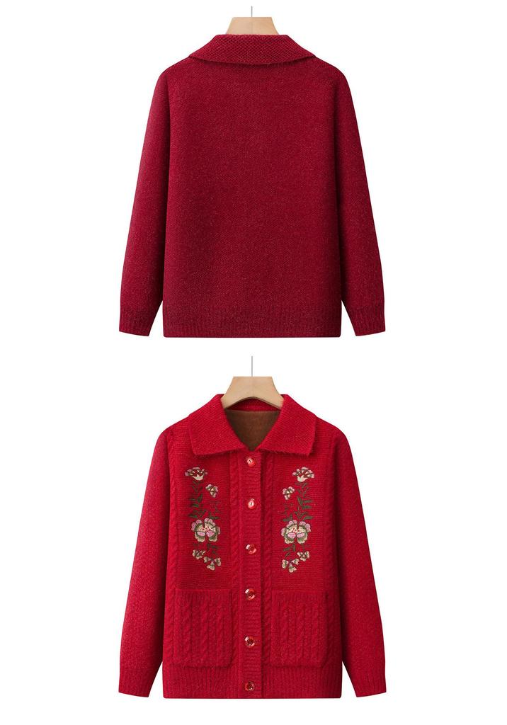 Dicker Strick-Cardigan für ältere Frauen: Oma-Stil, Pullover mit Kragen für Herbst und Winter.