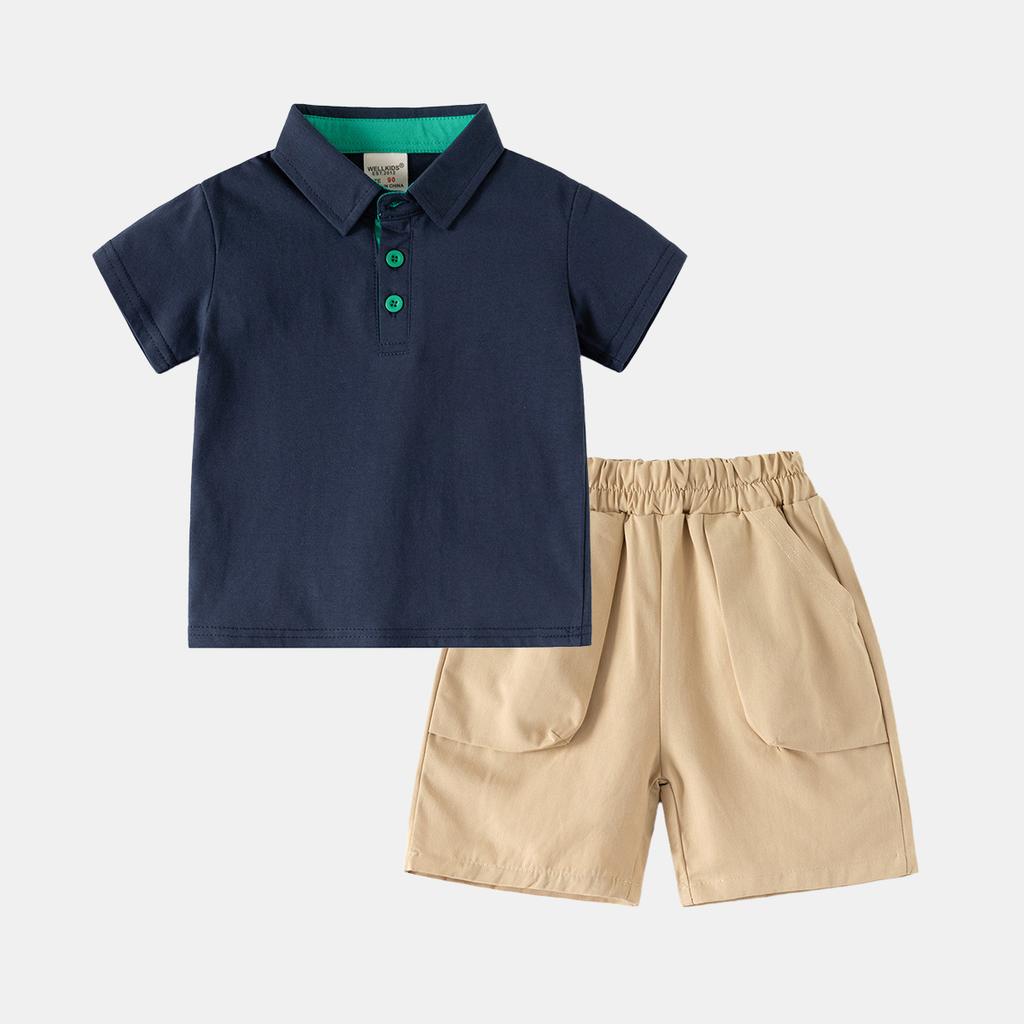 Boys 2 Piece Set Short Sleeve Polo Shirt with Plaid Collar Shorts Summer Outfit for Toddler Kids Baby New 2026