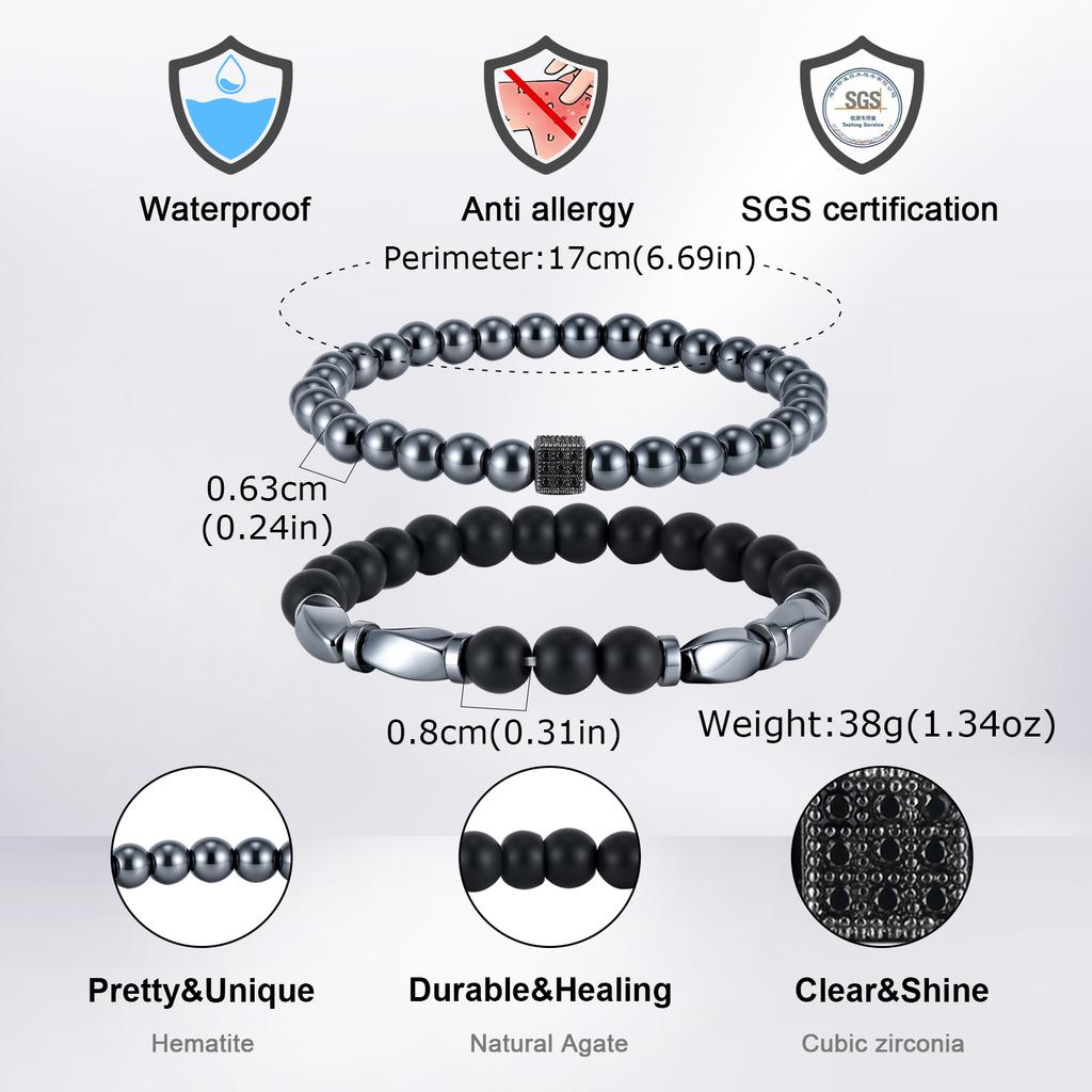 2pcs Hematite Bracelet for Men Boys,Black Gallstone Elastic Beaded Bracelet,Yoga Healing Jewelry Gift