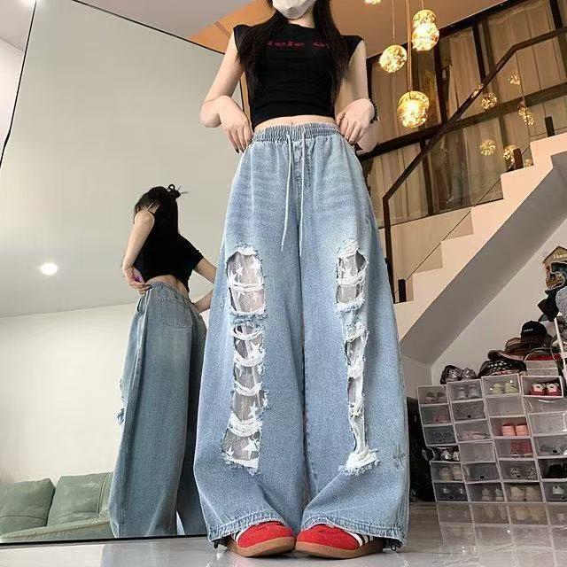 Plus Size Trendy Blue Denim Ripped Wide-Leg Pants for Women - Summer Jazz Street Dance Style XL