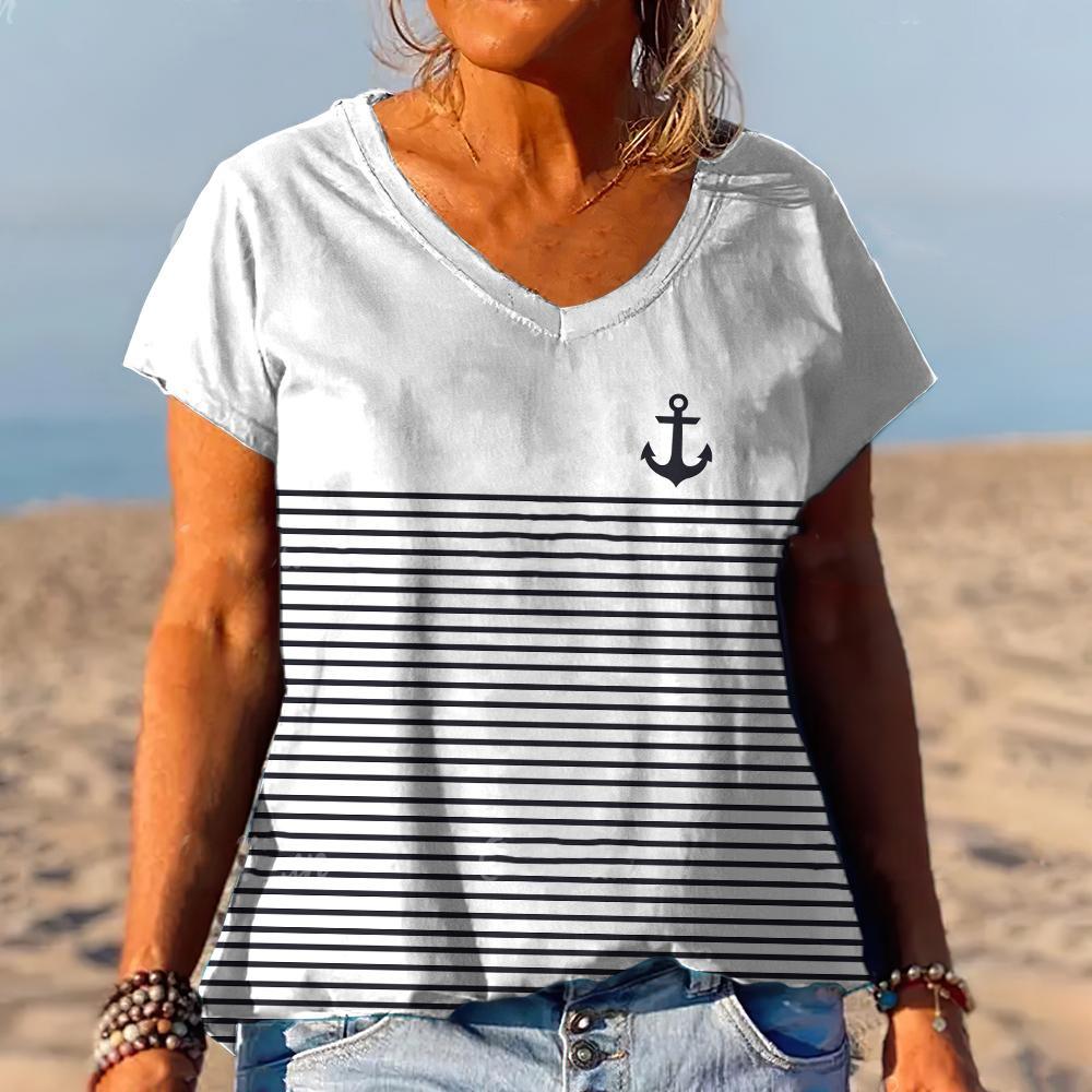 Summer Striped Anchor 3D Print T-Shirts Women V-Neck Short Sleeve T Shirt Y2k Harajuku Tees Casual Loose Tops Female Clothing