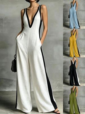 2026 Summer Women's V-neck Sleeveless Color Block Strappy Wide-leg Jumpsuit