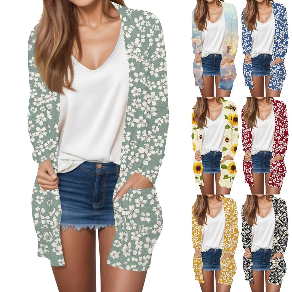 Chaqueta tipo cárdigan de longitud media con estampado floral retro informal para mujer