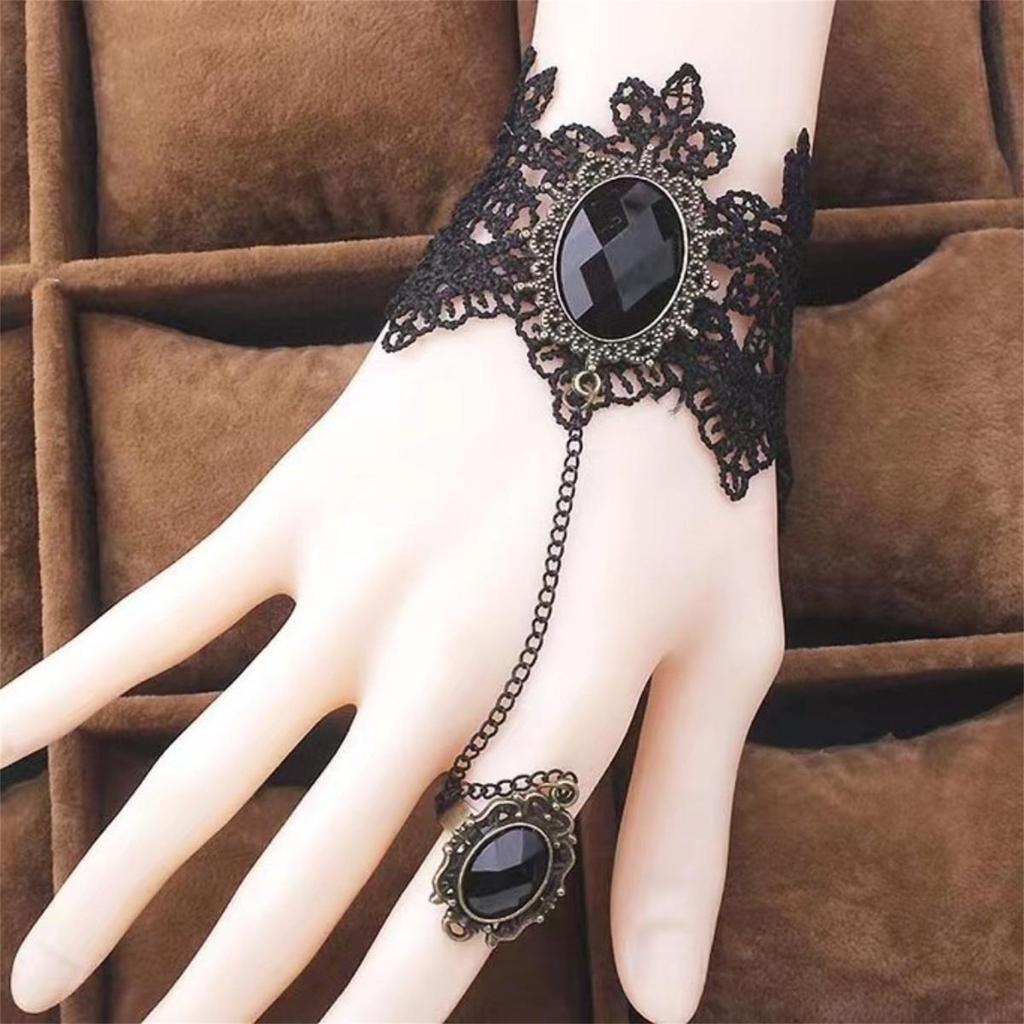 Gotisches Schwarzes Spitzenarmband und Ring Set Vintage Viktorianisches Punk Schmuck für Damen