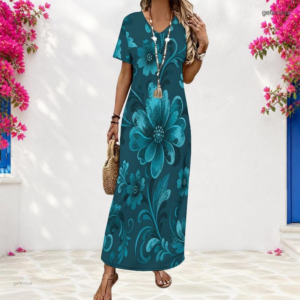 Women Plus Size V Neck Short Sleeve Pink Floral Printed Long Straight Dress