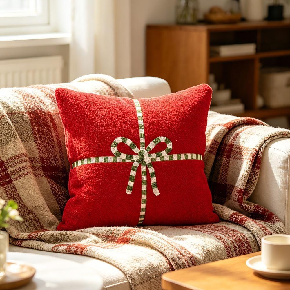 3D Embroidered Pattern Christmas Throw Pillow Cover Christmas Tree/Leaf Rectangular Sofa Pillowcase Square Washable