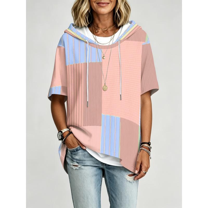 Plus size women's hooded top plaid striped patchwork loose dropped shoulder sleeves hoodie
