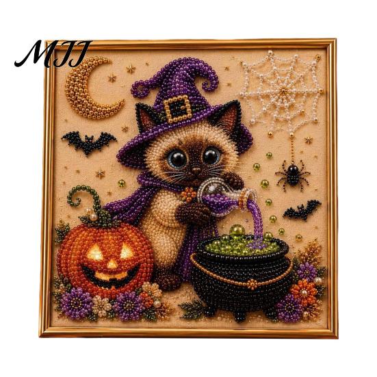 DIY Hobbybastelsets für die Freizeit Geister-Kunstset mit Kunstperlen und Rahmen, Halloween-Katzenmalerei, Handgefertigte Heimdekorations-Bastelset, 3D