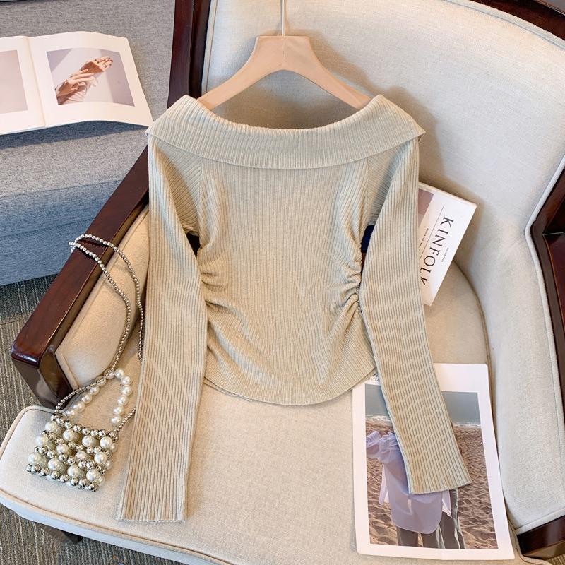 Autumn design one-word collar off-shoulder long-sleeved breasted chic slim-fit first love solid-color knitted sweater