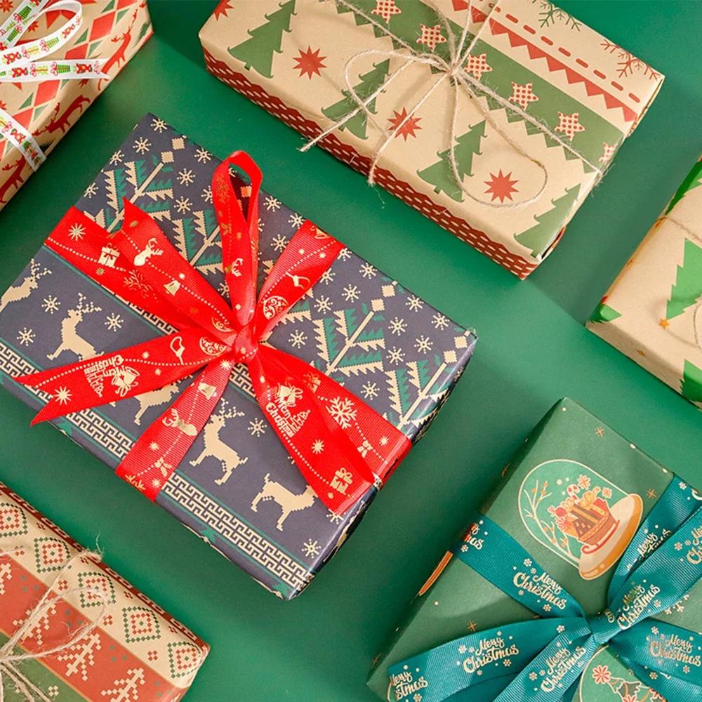 5Pcs Christmas Wrapping Paper Gifts Wrapping Paper Diy Packing Craft Cartoon Printed Kraft Paper Xmas Wedding Party Decor Paper