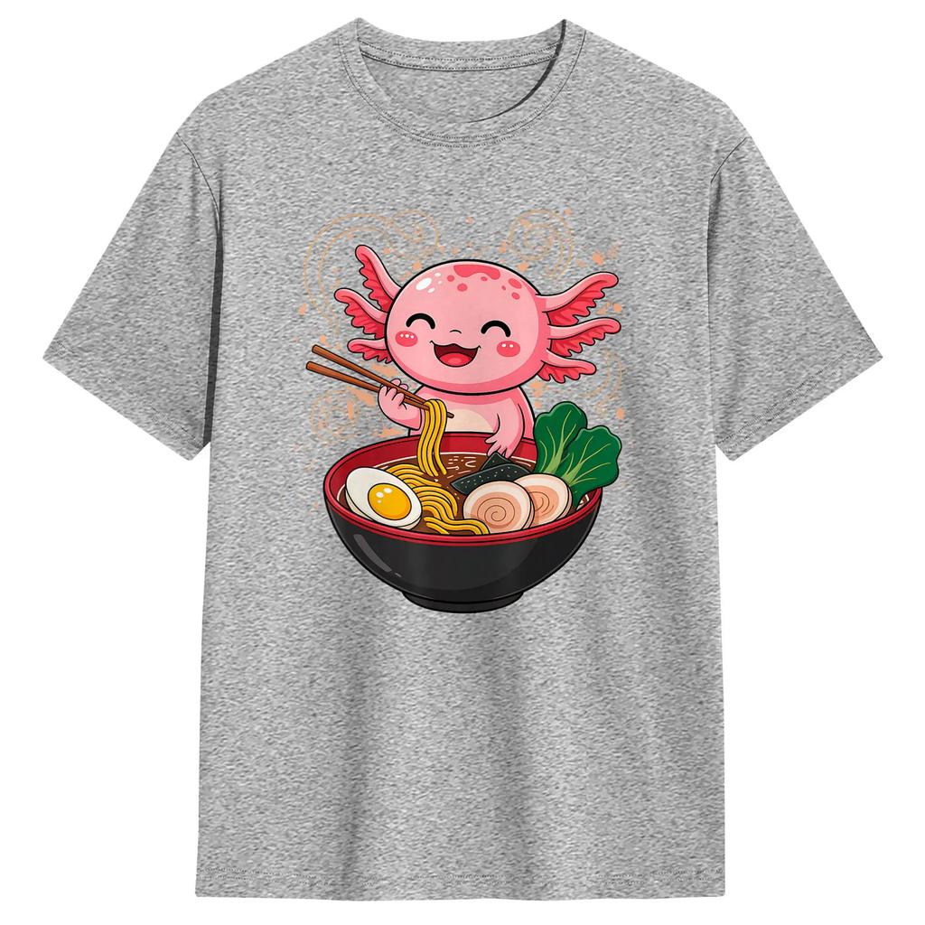 Axolotl Eating Ramen Graphic Japanese Kawaii Anime Men Tee Shirt Short Sleeve Round Collar T-Shirts Graphic Clothes
