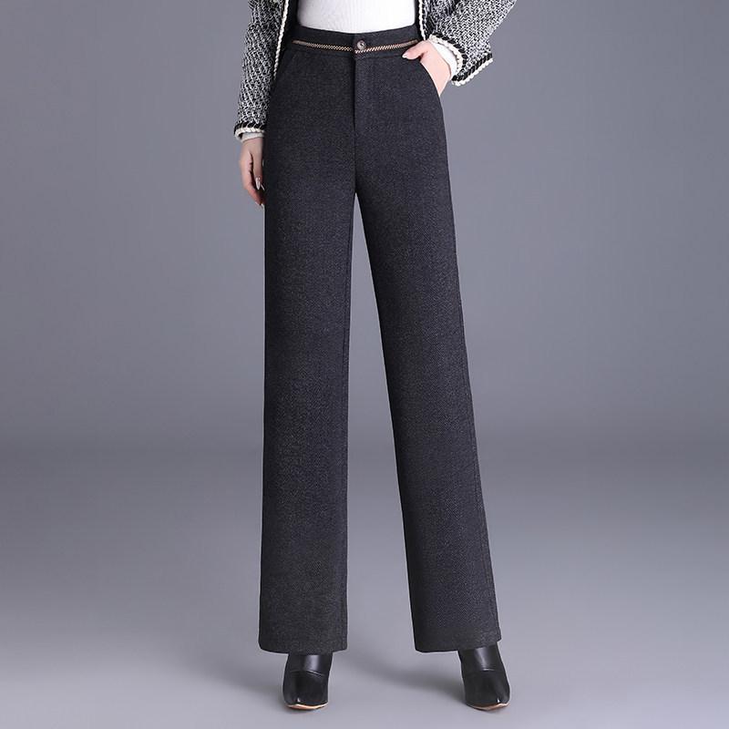 Women's Woolen High-Waisted Wide-Leg Pants - Versatile Spring/Autumn Style, Thickened with Elastic Back, Straight-Leg Trousers