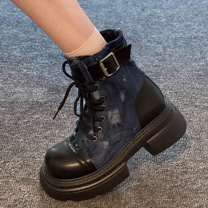 Fashion Cowboy Lace-up Round Toe Women's Ankle Boots Spring Autumn Platform Female Short Shoes Y2k on Offer New Rock Booties Promotion