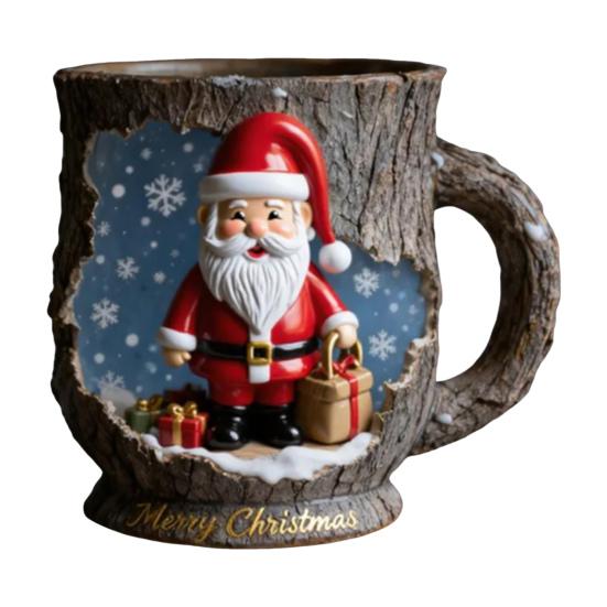 Festive Christmas Mug 3D Tree Bark Texture Themed Santa Reindeer Coffee Cup Resin Holiday Decor Novelty Gifts