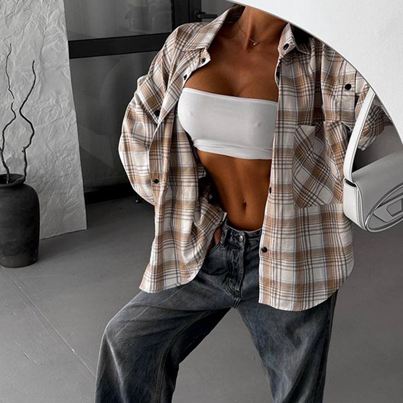 Nowa Modna Koszula w Kratę Damska Jesienna Top z Długim Rękawem Damska Bluzka z Odpinanymi Rękawami Damskie Klasyczne Codzienne Koszule Streetwear
