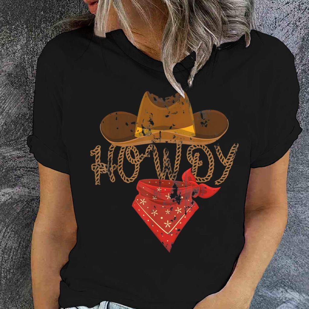 Retro Howdy Cowgirl Print T-shirts For Women Summer Short Sleeve Crew Neck T-shirt Vintage Graphic Tops Tie Dye T-shirts