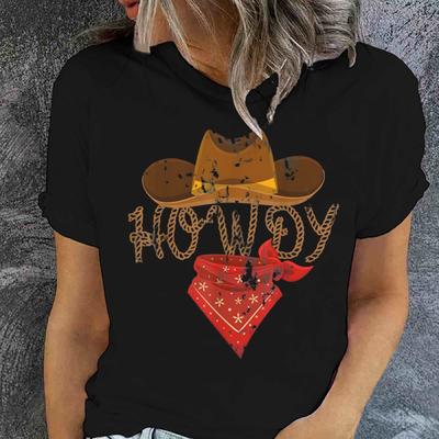 Retro Howdy Cowgirl Print T-shirts For Women Summer Short Sleeve Crew Neck T-shirt Vintage Graphic Tops Tie Dye T-shirts