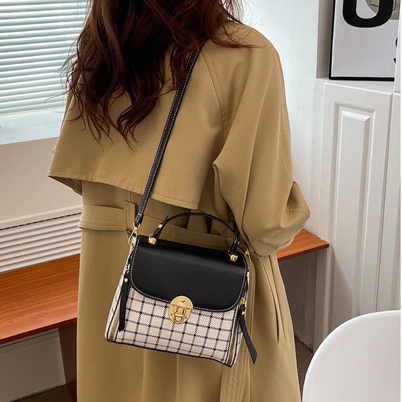 Borsa a tracolla alla moda da donna con patta in pelle PU, borsa a tracolla semplice a quadri, borsa a tracolla piccola e pochette