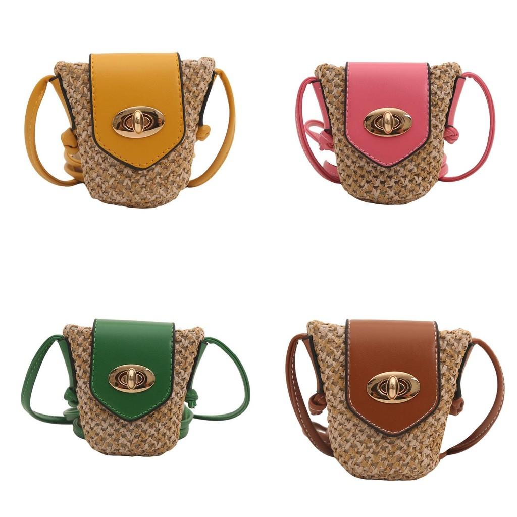 Woven Mini Straw Bucket Bag For Girls Pu Material Summer Accessory Messenger Bag