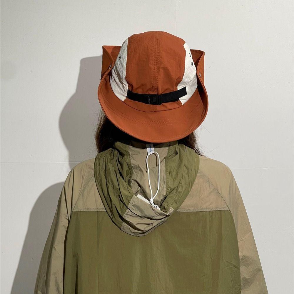 Splicing Color Wide Brim Sun Hat Cotton Hiking Hat Fashion Drawstring Fisherman Hat Camping