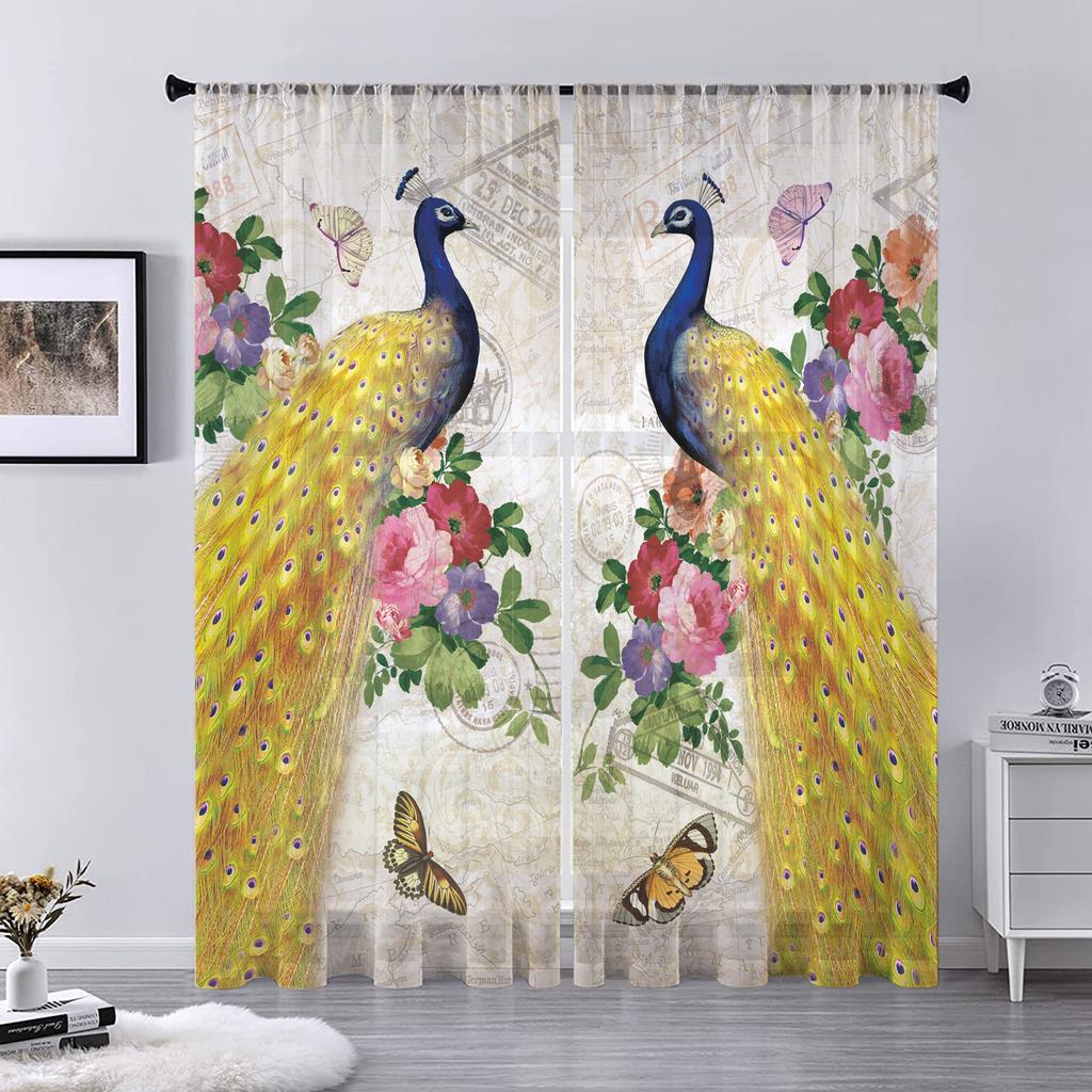 Animal Peacock Forest Stone Tulle Sheer Window Curtains for Living Room Bedroom Modern Tulle Voile Curtains Drapes Decoration