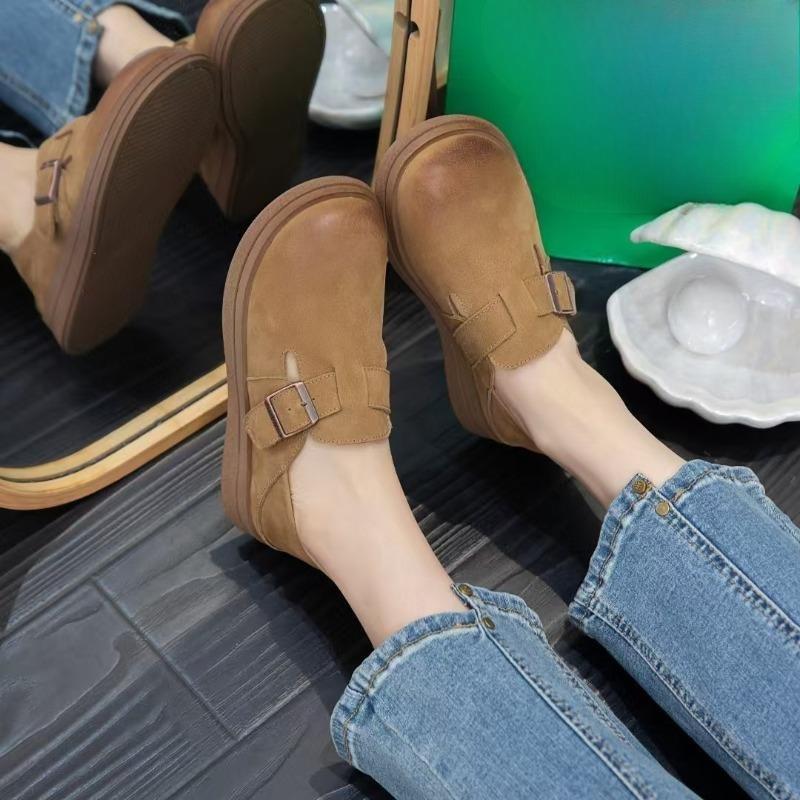 

New Thick-soled, Belt-buckle, Soft-soled Single Shoes for Women with Genuine Leather Shoes, Retro Style 40 хакі