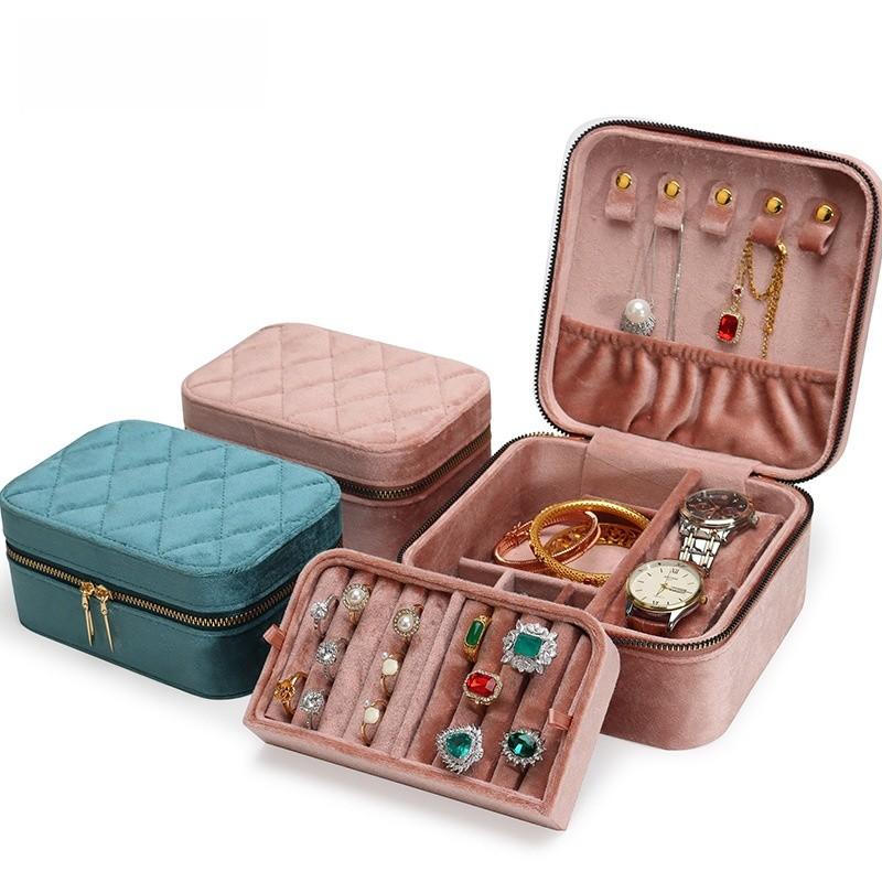 Velvet Jewelry Box With Dual Compartments For Rings Bracelets And Earrings