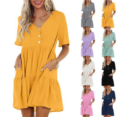 Vestido feminino verão cor sólida com decote em V botão manga curta renda bolo saia plissada vestido de bainha grande