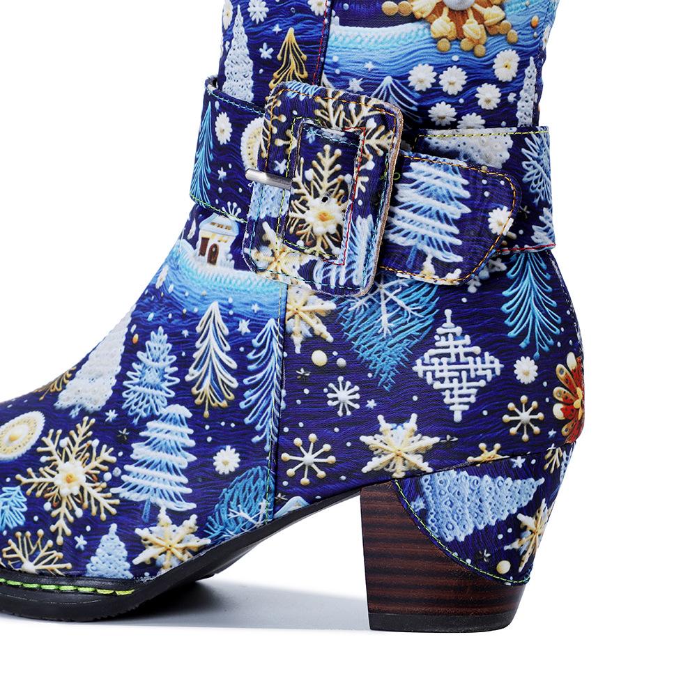 Genuine Leather Long Boots Women Shoes Handmade Retro Printed Color Matching Lace Up Mid-calf Boots