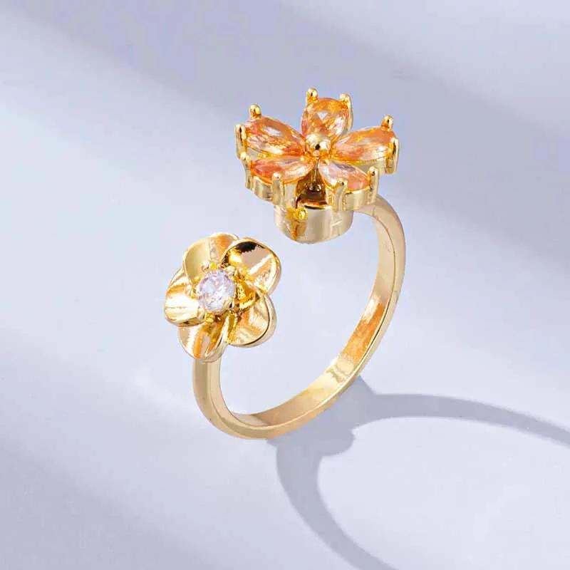 1pcs fashion simple rotating zircon flower opening adjustable ring luxury casual casual unzipping design sense accessories