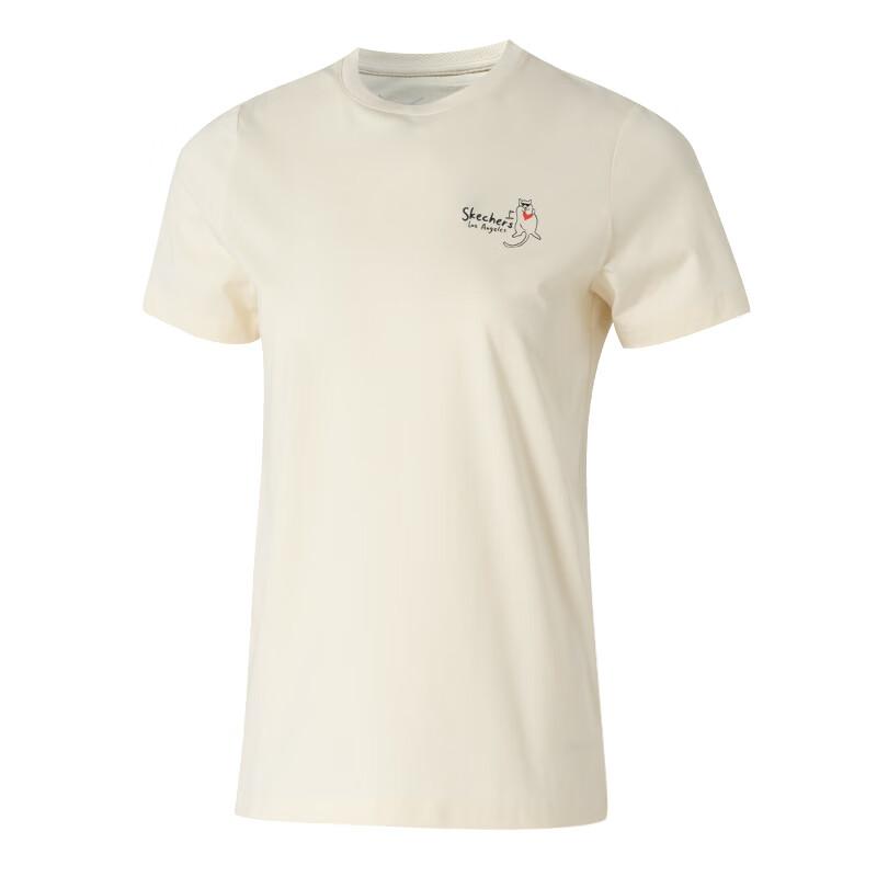 Skechers Fashion Sports Series Breathable Comfortable Round Neck Pullover Short Sleeve T-Shirt Women tops Cream Off-White P225W302-00NA XS