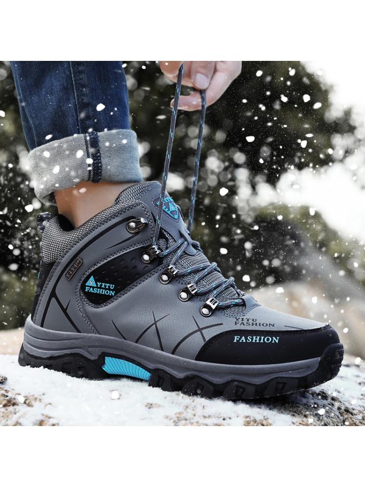 Bergsteigerschuhe, Baumwollschuhe, Lederoberfläche mit Plüsch und verdickter Isolierung, Outdoor-Wander- und Offroad-Schuhe