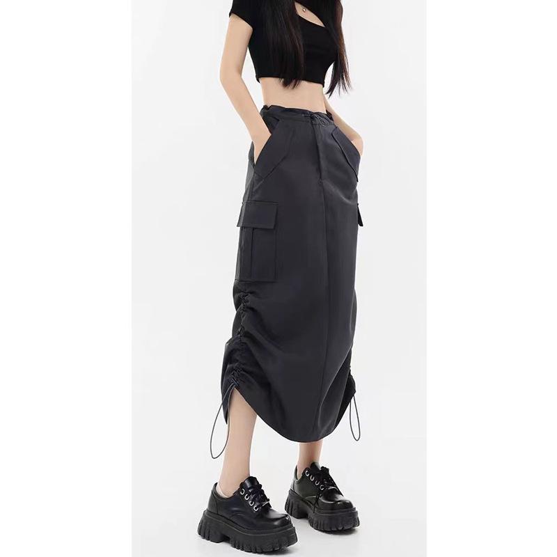 

Autumn 2025 Women s Retro A-line Midi Skirt with Drawstring Slit S
