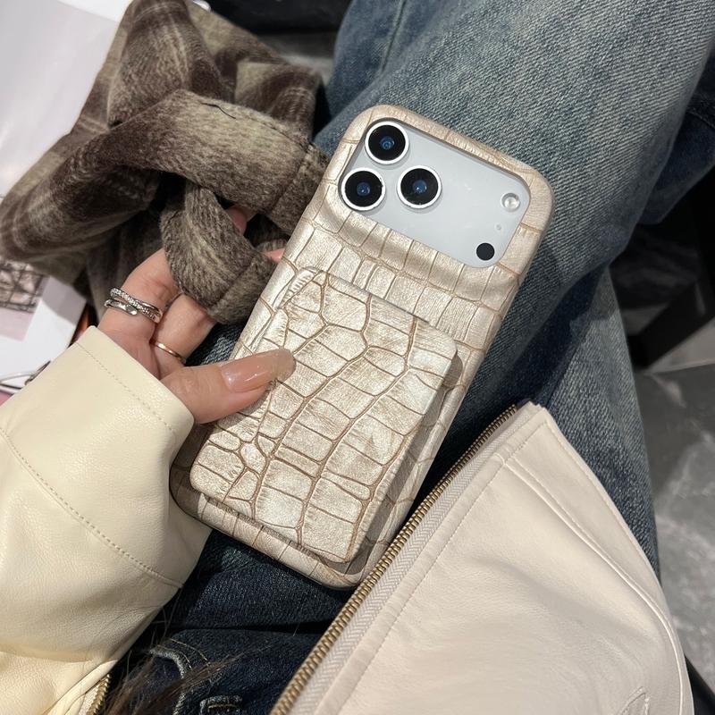 Retro Fashion Leather Imitation Crocodile Skin Texture Cover Case For iPhone 17 16 15 14 13 Pro Max with Flip-up Mirror Holder