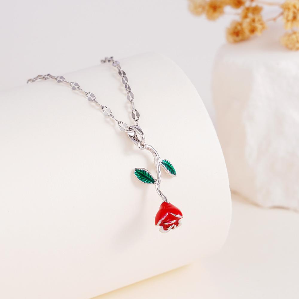 

Luxury Colorful Zircon Rose Flower Pendant Necklace for Women Girls Elegant Sweet Stainless Steel Chain Jewelry Accessories Gift