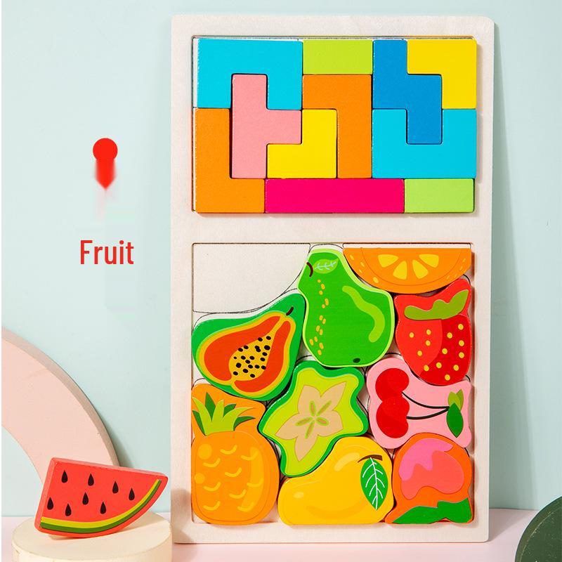 Multifunctional Wooden Puzzle: Marine Animals, Fruits, Vegetables & Transport - Cognitive Tetris for Toddlers