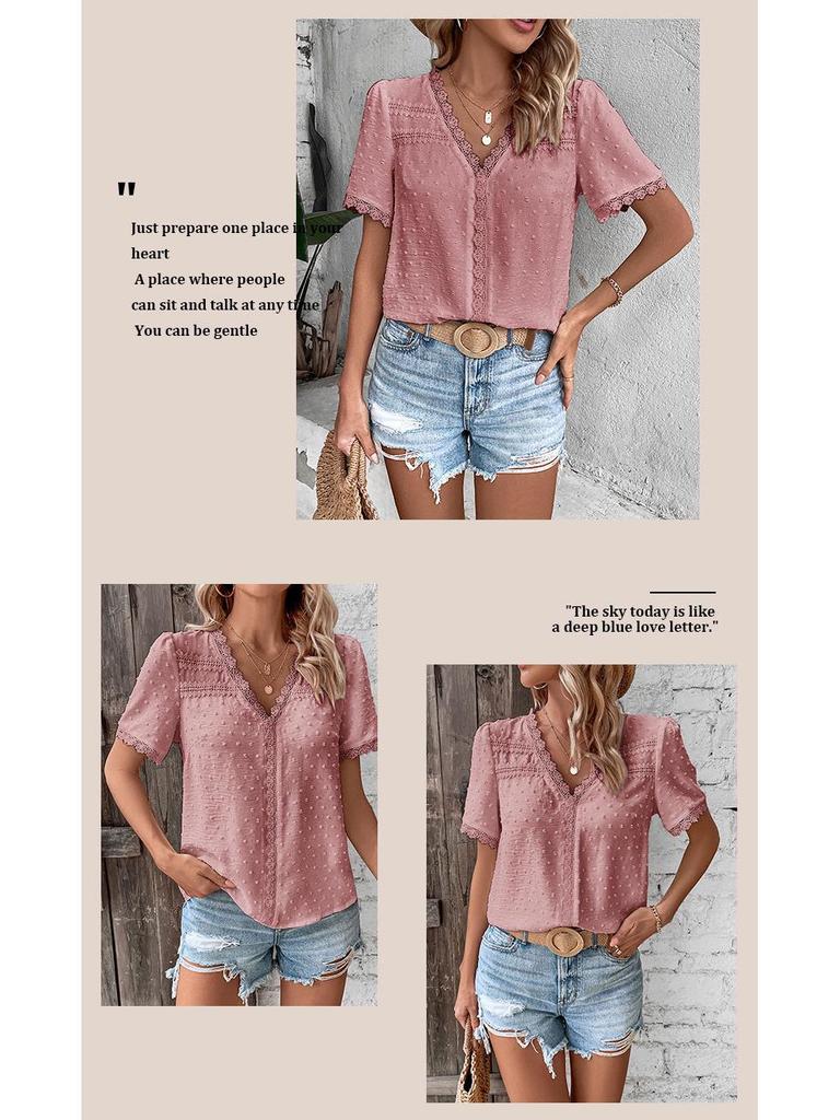 Summer Casual European & American Lace V-Neck Solid Color Women's Shirt