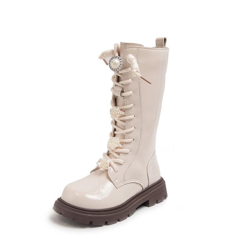 Girls Winter Warm High Calf Boots With Floral Embroidery Side Zipper Princess Style Synthetic Leather Rubber Sole