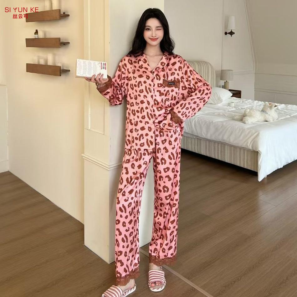 [Leopard print] Autumn and winter new ice silk pajamas women's satin leopard print casual long-sleeved loose high-end loungewear