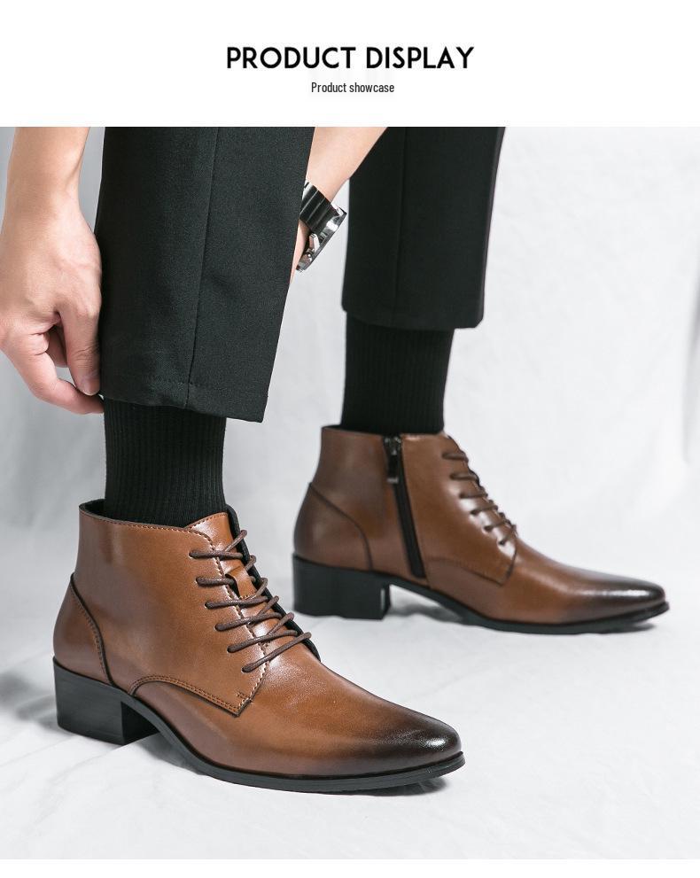 Men's Korean Style Mid-Calf High Heel Leather Boots - Pointed Toe Hairstylist Business Shoes