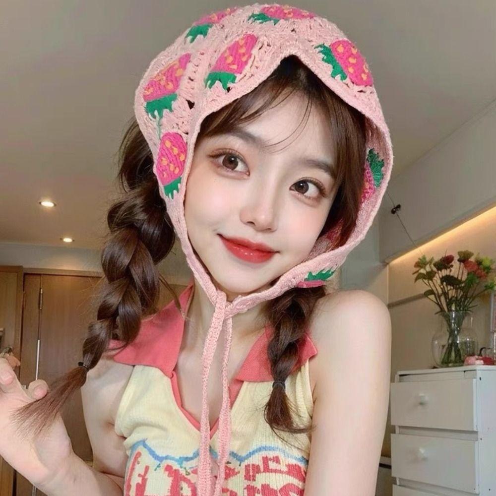 Elegant French Knitted Headband Retro Strawberry Triangle Turban Bohemian Pastoral Hollow Out Hair Band Beach Headwear