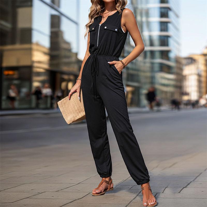

European & American Summer Black Sleeveless Jumpsuit - Casual, Party, Versatile One-Piece Long Pants Extra Large чорний