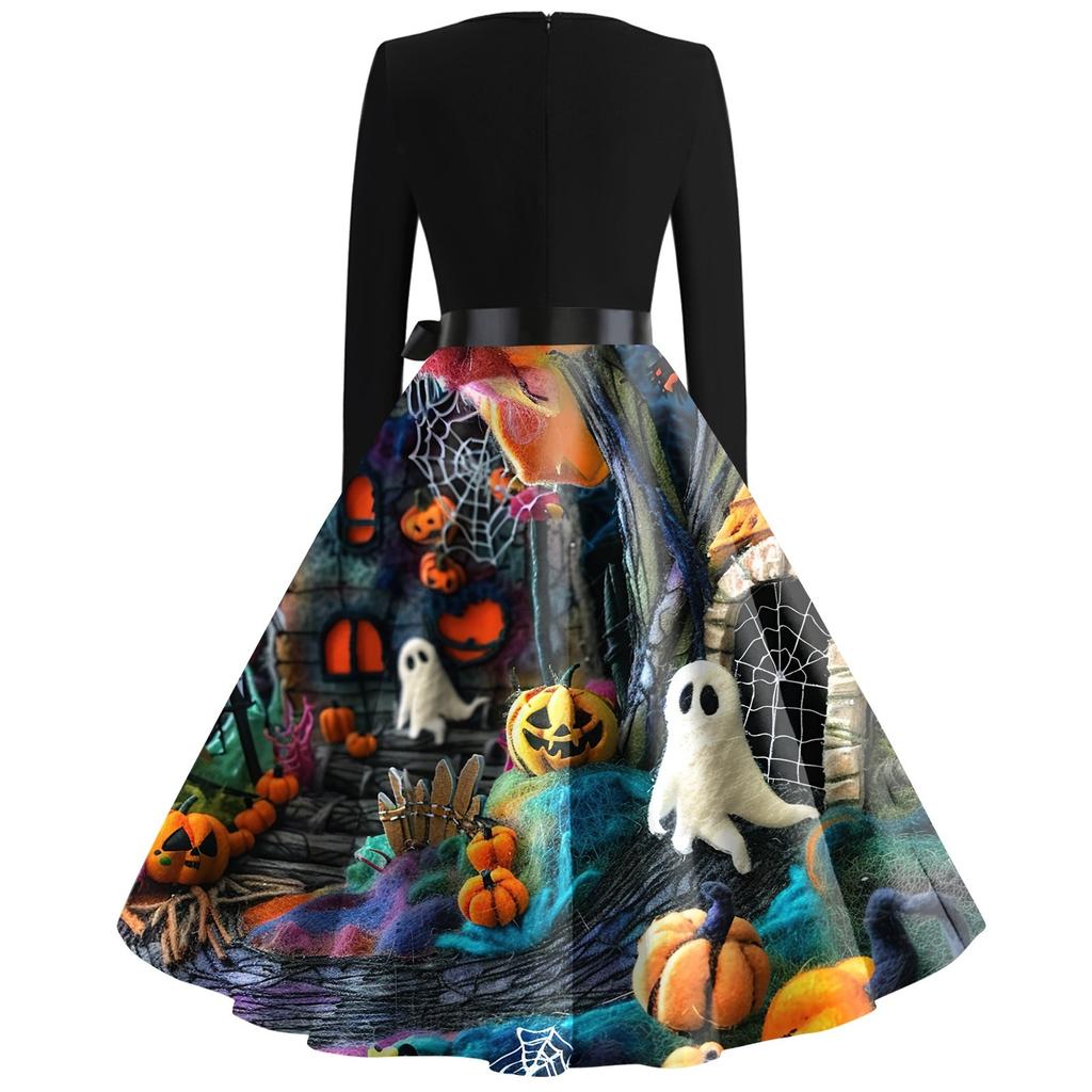 Women's Casual Fashion Halloween Printed Square Neck Vintage Dress